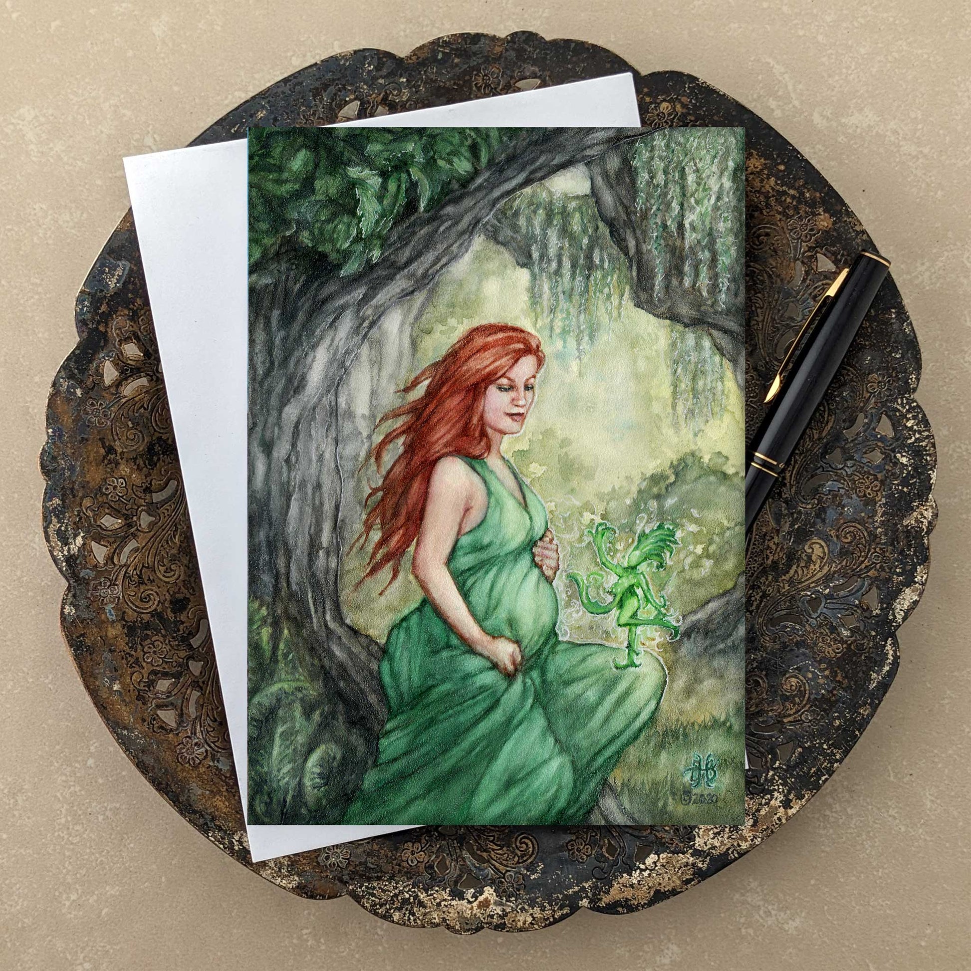 Green earth mother goddess art greeting card 5x7 with envelope on antique tray with black pen